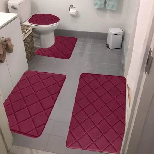 Bathroom Rugs 4 Piece Ultra Soft & Non-Slip Memory Foam Bath Mats for Bathroom, Absorbent Quick-Drying Bath Mats for Shower Bathroom Floor Rugs Red