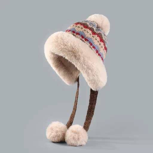 Hat - Thick wool knitted women's hat - Women's winter hat - Winter hat with pompoms - Warm wool lining - Aviator hat with earflaps - Christmas gift - Birthday gift (khaki)