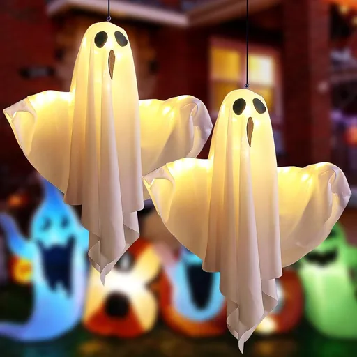 2 Pack LED Hanging Ghost Decorations, Light-Up Outdoor Halloween Garden Ornaments for Porch, Trees and Party Decor, White