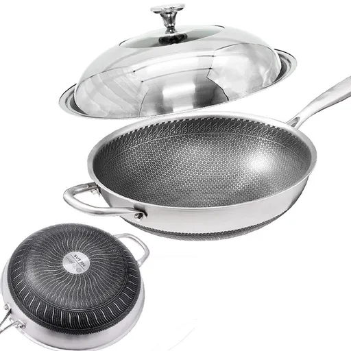 32cm 304 Stainless Steel Non-Stick Stir Fry Cooking Kitchen Honeycomb Wok Pan with Lid