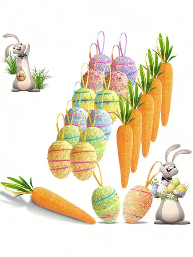 12Pcs Easter Egg+6Pcs Carrot Hanging Ornaments – Colorful Foam Glitter Eggs & Carrots, Easter Tree Decorations, DIY Crafts for Home Party, Spring Easter Decor