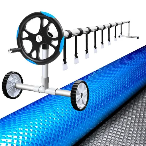 Aquabuddy Pool Cover 8x4.2m 400 Micron Silver Swimming Pool Solar Blanket 5.5m Blue Roller