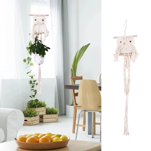 Beige Cotton Macrame Plant Hanger with Polished Wooden Rod, Decorative Flowerpot Holder for Home Decor
