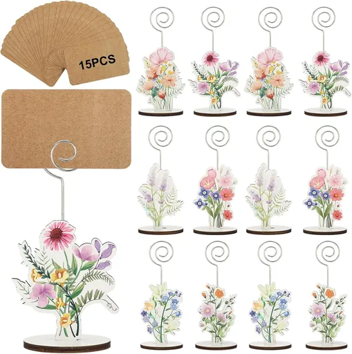 12 Pcs Wildflower Wood Place Card Holders with 15 Pcs Cards Flower Photo Iron Stands Table Setting Number Name Picture Clip Holder for Wedding Engagement Bridal Shower Birthday Party Supplies