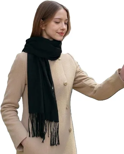 Women's Woven Winter Scarf, Large Tassel Shawl Wrap, Soft Warm Neck Warmer for Cold Weather Outfits, 70x200 cm, Black