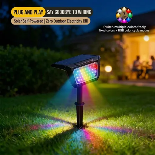 Solar Powered Outdoor RGB Landscape Spotlight with 7 Fixed Colors and Auto On/Off, IP65 Waterproof Multi-Color Accent Light for Garden, Pathway, Wall, and Patio Decoration, Easy No-Wiring Ground Stake or Wall Mount Installation (3PCS, Color‑Changing