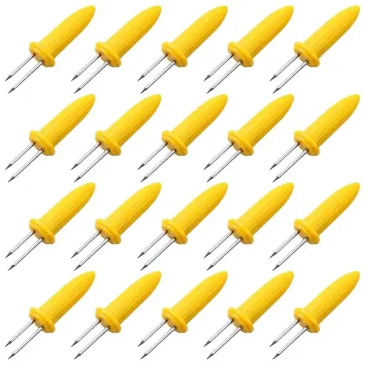 20 Pack Corn Cob Holders with Stainless Steel Pins and Soft-Grip Handles for BBQs, Picnics, Camping and Kitchen Serving, Yellow