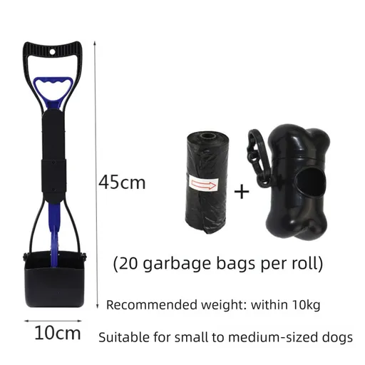 Medium Foldable Pet Pooper Scooper 45cm Portable Dog Waste Jaw Clamp with Bone Dispenser & 20 Bags Blue