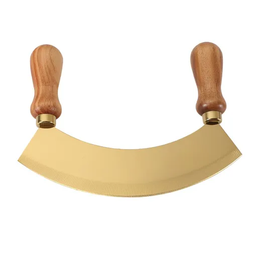 Kitchen Rocking Chopper And Mincing Knife With Double Handles, Stainless Steel, Rubberwood, For Herbs Vegetables Nuts And More