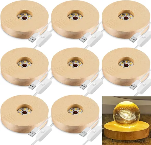 8 Pcs Wooden LED Display Base Lighted Base for Crystal Art Wood Display for Glass Art 3D Crystal Warm Light(Round Surface Style)