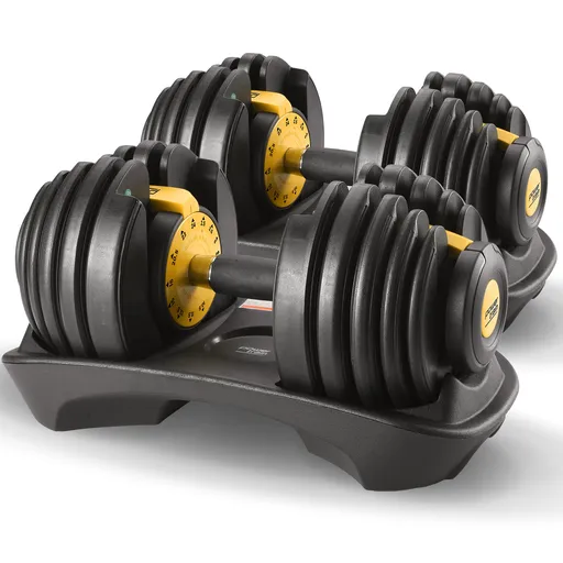 Powertrain 48kg Adjustable Dumbbell Set Pair Quick Dial Home Gym Strength Training Fitness Workout Free Weights Gold
