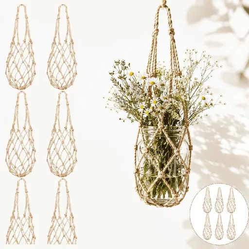 6 Pack Canning Jar Hangers, Natural Jute Woven Hanging Net Bags for Glass Jars, Boho Wedding & Farmhouse Decor