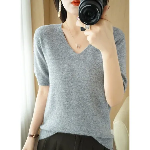 Women V Neck Knit Sweater Half Sleeve Pullover Grey Size: S; Height (cm): 155-160; Weight (kg): 45-50; Bust (cm): 82-86; Waist (cm): 66-70; Shoulder width (cm): 37; Length (cm): 58