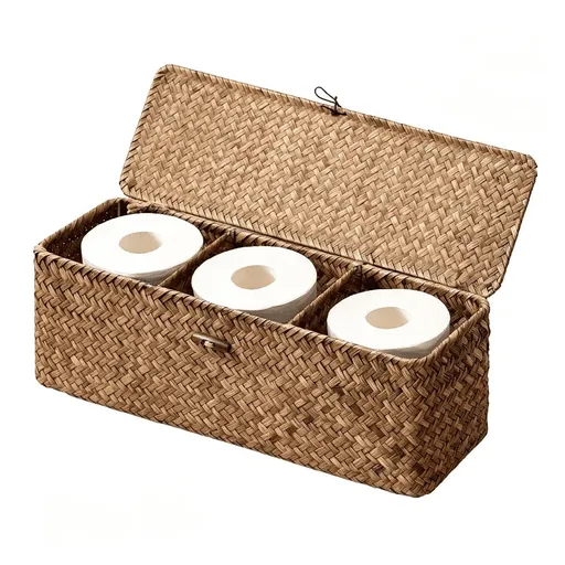 Toilet Paper Storage Basket with Lid,Large Wicker Baskets with 3 Compartments,Seagrass Back of Toilet Basket for Tank Topper,Shelves Organizer,16½"X 5½"X 5½",1-Pack