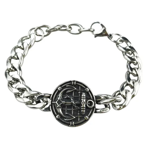 Silver Style 10 Men's Stainless Steel Curb Chain Bracelet - Retro Punk Hip Hop Style with Round Medallion Charm - Durable 26cm Streetwear Jewellery