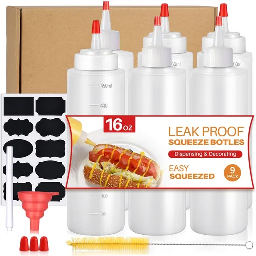 Squeeze Bottles, 16oz Leak-Proof Wide Mouth Condiment Squeeze Bottles for Liquids Sauces Ketchup Oil, 9 Pack