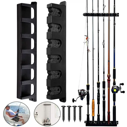 Fishing Vertical Rod Holder, Wall Mounted Vertical Fishing Pole Rod Holder Rack for Garage, Fishing Rod Racks, 6 Horizontal Fishing Pole Storage Organizer for Garage Car