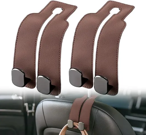 Headrest Hook for Car Car Seat Headrest, 2026 Wallet & Bag Hook Cute Car Wallet Holder, Double Hook Leather Car Headrest Hook Seat Back Storage Bag for Travel (Brown -2)