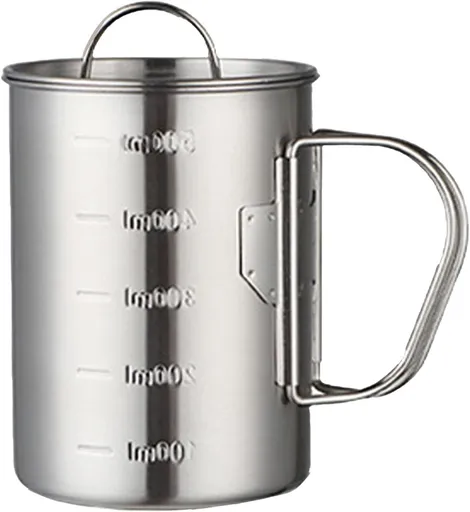 Stainless Steel Camping Cup, 500ml Fireproof Metal Cup with Lid and Foldable Handle, High Temperature Direct Heating, Great for Backpacking