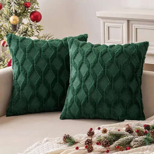 Dark Green Christmas Throw Pillow Covers 18x18 Set of 2 Decorative Farmhouse Couch Throw Pillows Boho Shells Cute Soft Plush Wool Winter Pillowcases for Bedroom Living Room Sofa