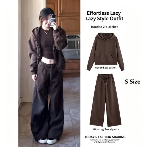 Women Chestnut Brown 2-Piece Matching Sweatshirt Set, Simple One Step Outfit Size S, Stretchy Comfort Leisure Wear