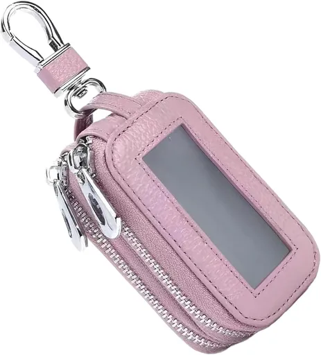 Car Key Fob Case, Double-layer Remote Key Storage Bag with Zipper Closure and Lanyard, for Men Women (Pink)