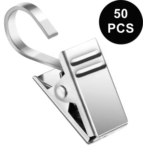 50-Pack Stainless Steel S-Hooks with Clips for Curtains, Shower Curtains and Rails