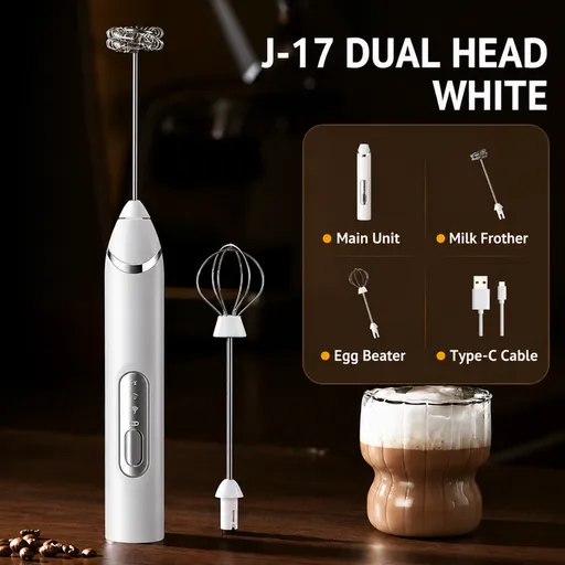 J-17 White Wireless Handheld Electric Milk Frother / Egg Beater with 2 Stainless Steel Heads, 3-Speed Stable and Anti-Splash, Typec Rechargeable