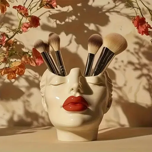 1 Piece Elegant Resin Makeup Brush Holder with Red Lips Design - Lightweight Synthetic Cosmetics Organizer Box, Standalone Desktop Storage Case for Bathroom or Dressing Table.Aesthetic "Gazing Lips" Resin Makeup Brush Holder — A Sculptural Vanity Tra