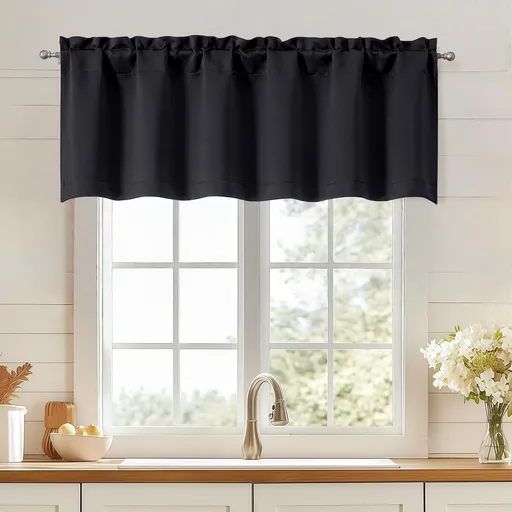 Black Valances for Windows, Small Blackout Curtains Kitchen Bedroom Living Room, Rod Pocket Privacy Modern Solid Short Window Treatment Valance Bathroom Panels, 60" Wx18 L,1 Piece 60"W x 18"L (Pack of