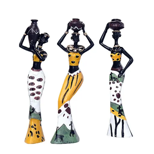 3 Piece Vintage African Statue Hand Sculpture Black African Tribal Lady Figurines Home Decor