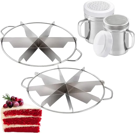 10-inch Stainless Steel 8+6-Piece Pie Slicers + 6 oz ine Mesh Shaker + 10 oz Medium Holes Dredge - with Handles and Plastic Caps Bundle