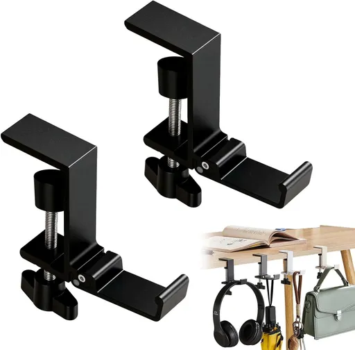 Headphone Stand, Purse Hook for Table, Foldable Space-Saving Headphone Bag Holder, Multifunctional Desk Hooks with Adjustable Clamp-On Design, Office, Dormitory, Home Accessories (black, 2pcs)