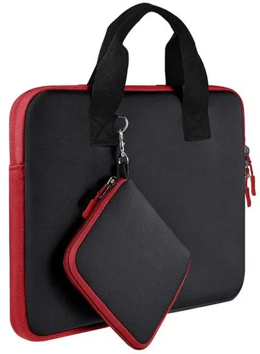 Laptop Bag with Small Accessory Pouch, Neoprene Briefcase with Handle and Storage Pockets, Lightweight Durable Carrying Case for 13 Inch Laptops, Black and Red