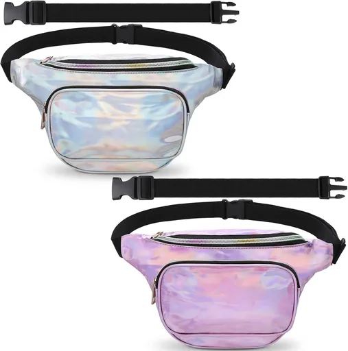 2 Pcs Holographic Plus Size Fanny Pack for Women 80s Waist Packs with Extender Fanny Bag with Adjustable Belt Metallic Color Bag Large Capacity for Party Travel Festival Sports Silver, Pink