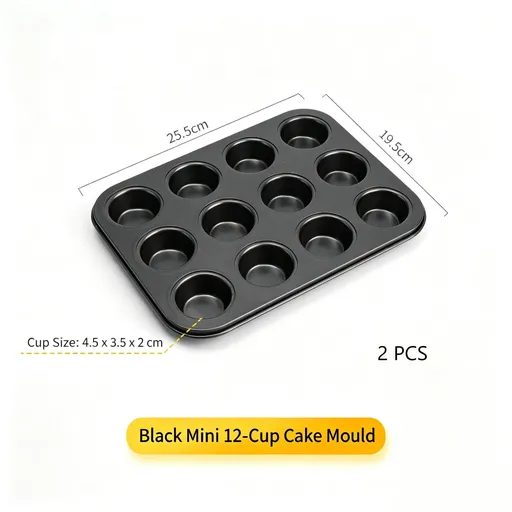 Non-Stick Mini Muffin Baking Pan, Household Oven Cupcake Mould, Black Mini 12-Cup Tray, Set Of 2, Handy Home Baking Gadget