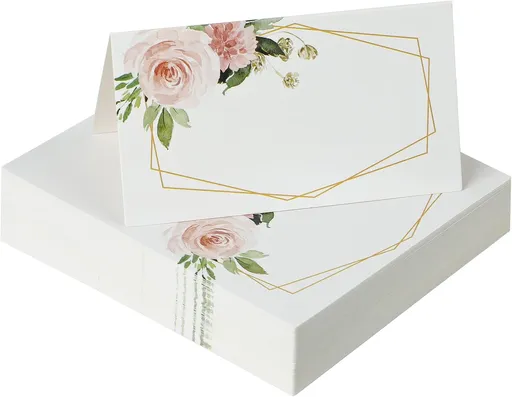 60 Pcs Paper Place Cards for Table Setting, 3.5" x 2" (Folded), Watercolor Rose Flower Seating Cards, Floral Table Tent Name Cards for Table Setting, Food Labels for Wedding Banquet Buffet