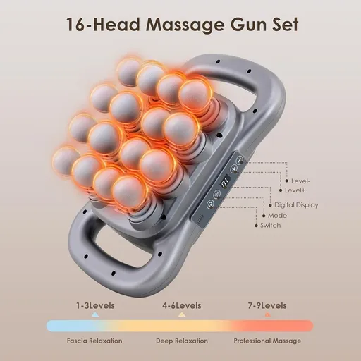16-head massage gun, deep-tissue massager, electric massage tool, 9 modes, 9 intensity levels, quiet muscle massager, body muscle massage, percussion massager, muscle recovery, self-care - Starry-sky color - Size Sixteen pieces