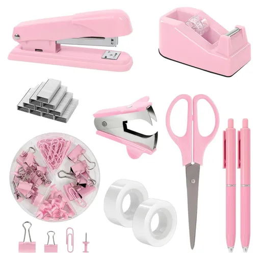 Desk Accessories, Stapler and Tape Dispenser Set,10PCS Office Supplies Set, Stapler, Tape Dispenser, Scissors, Binder/Paper Clips and 500pcs Staples - Pink - Size 10Pcs