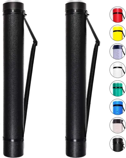 2-Pack Extendable Poster Tubes Expand from 24.5” to 40” with Shoulder Strap | Carry Documents, Blueprints, Drawings and Art | Black Portable Durable Round Storage Cases with Lids and Labels