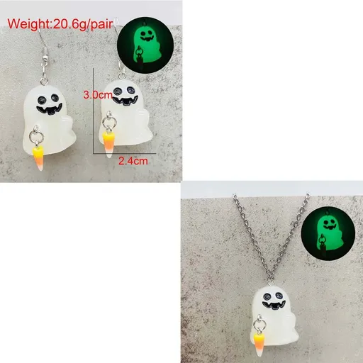 Halloween Ghosts Earrings and Necklace Set Glow in the Dark Adopt a Ghost Earrings Necklace Spooky Light up Halloween Jewelry Set for Women and Men - White - Size B