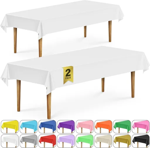 2 Rectangular Tablecloths, BPA-Free Plastic, 54 x 108 Inch, Disposable or Reusable Table Cover for Parties, Picnic & Outdoor, White (2 Pack, Individually Wrapped)