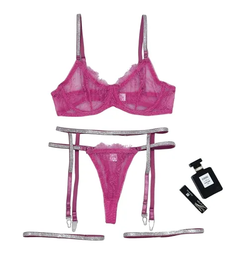 House Of Dasein Cross-Border Sexy Lingerie Lace Trim Rhinestone Transparent Thong Garter Belt Four-Piece Set - Deep Pink - L