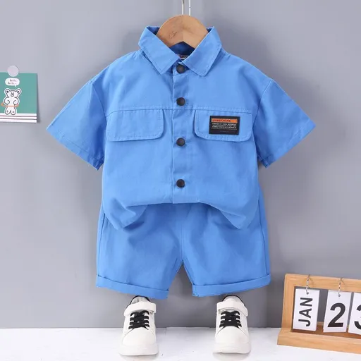 Cute Tail Bear Boys Summer Short Sleeve Shirt Pants Set Blue 120cm