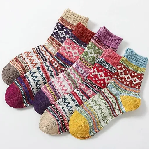 Warm Wool Christmas Socks, Colorful Nordic Pattern Knit Crew Socks for Winter Wear, Holiday Gifts, Home Lounging and Seasonal Outfits