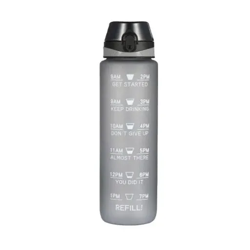 1L Water Bottle Motivational Drink Flask With Time Markings Bpa Free Sport Gym - Grey