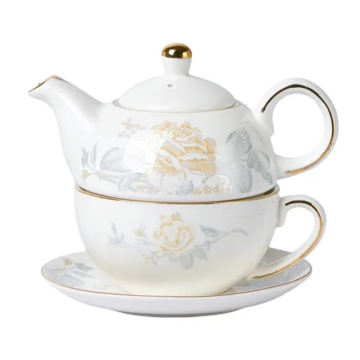 Tea for One Porcelain Teapot and Cup Set, Tea Set for One, Floral Teapot, Gold Rose Tea Set Gift for Women