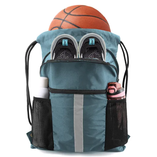 Blue Multi-Pocket Drawstring Backpack Gym Bag with Zipper Compartments, Bottle Holders & Reflective Strip