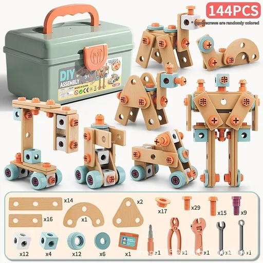 DIY assembly toy, wooden building set, electric drill toy for kids, educational construction toy, creative puzzle set, children's tool kit, Australian toy, hand-eye coordination toy - Multi - Size 144pcs