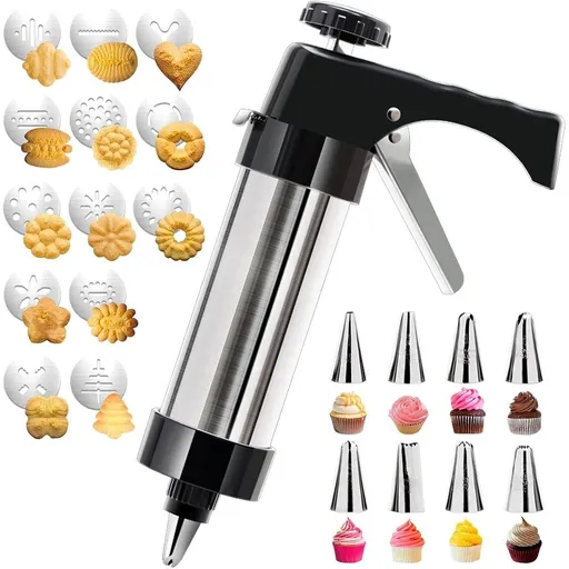 Cookie Press Gun Kit, Stainless Steel Cookie Press with 13 Discs & 8 Icing Piping Tips, Baking Cookie Maker, Icing Decorating Gun for Cookies Cakes Pastry Dessert Baking Decoration